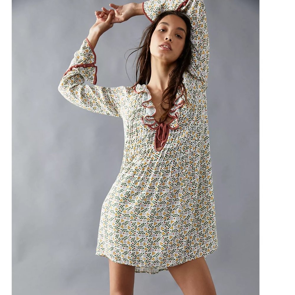 NEW Free People Blossom Baby Mini Dress Long Sleeve Ruffle Pleated